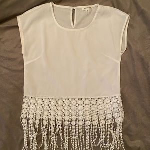 Monteau White Fringe Short Sleeve Blouse‎ Top Size XS